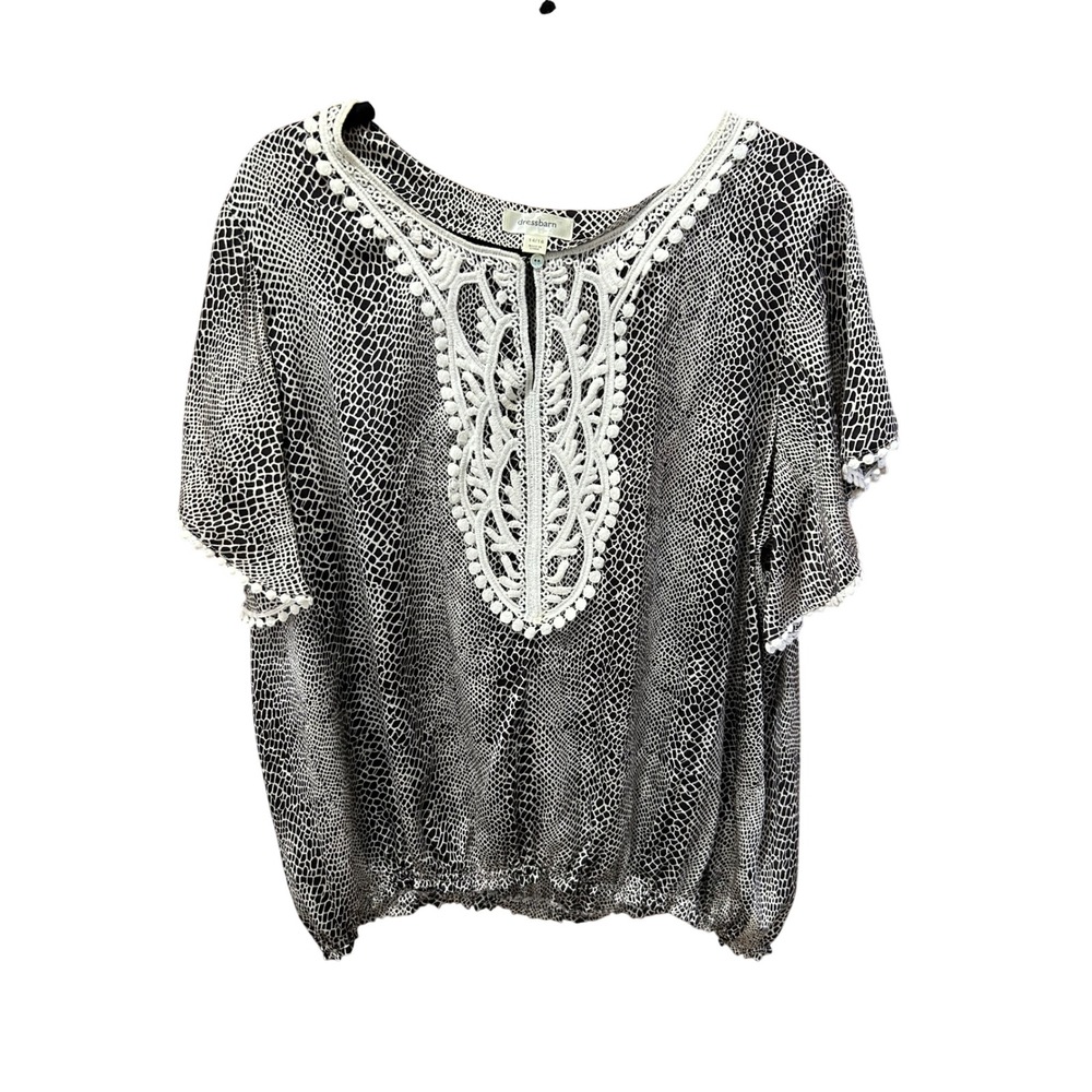 Dressbarn Womens Snakeskin Print Crochet Lace Bib Split Neck Bubble Hem 14/16